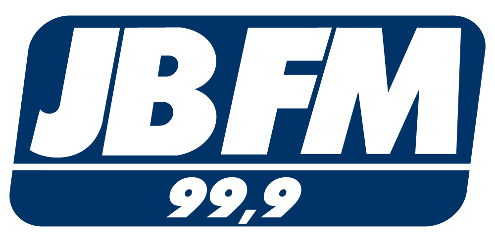 Logo da rádio JB FM 99,9, em azul e branco