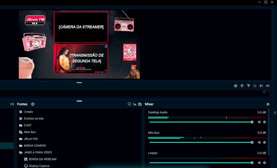 Tela do Streamlabs com a prévia da cena, a lista de fontes e o mixer de áudio
