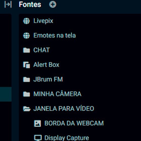 Lista de fontes do Streamlabs com camadas nomeadas por função: Livepix, Emotes na tela, Chat, Alert Box, JBrum FM, Minha câmera e Janela para vídeo