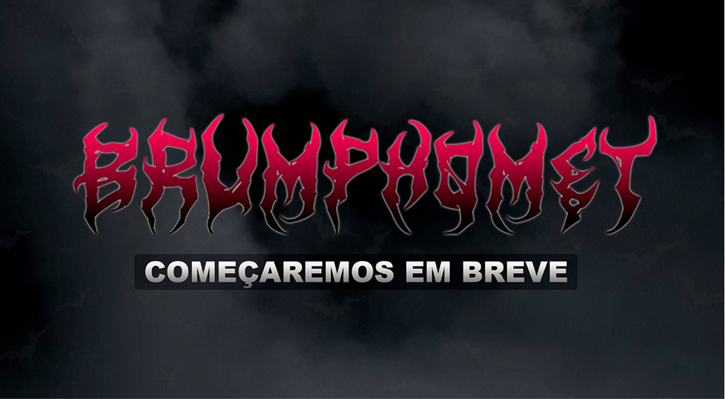 Tela de espera da live: logotipo Brumphomet em vermelho e rosa sobre fundo de fumaça escura, com a frase Começaremos em breve