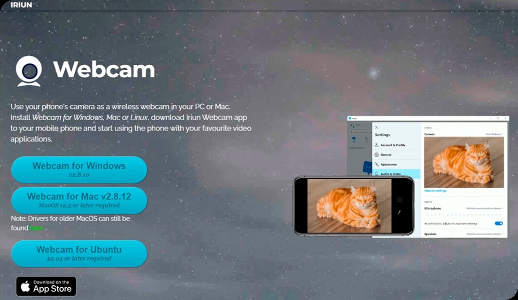 Site do software Iriun Webcam, com botões de download para Windows, Mac e Ubuntu e a imagem de um celular usado como webcam
